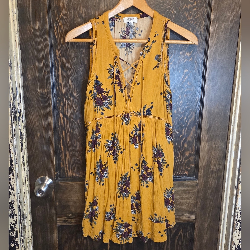Umgee Mustard Floral Boho Sleeveless Dress Tie Front
